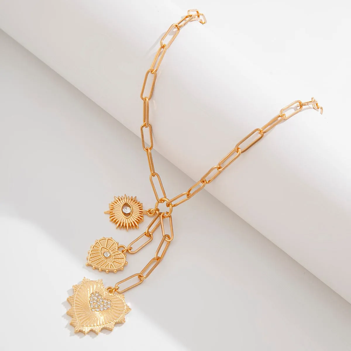 Dainty CZ Inlaid Heart Sun Pendant Paperclip Chain Y Necklace