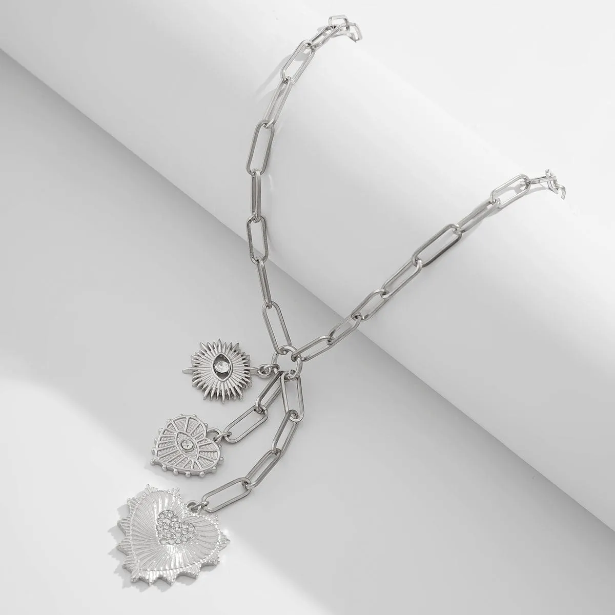 Dainty CZ Inlaid Heart Sun Pendant Paperclip Chain Y Necklace