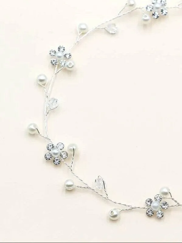 Delicate Floral Blossom Pearl Hair Vine, Boho Wedding Flower Bridal Headband, Pearl Head Wreath for Bride