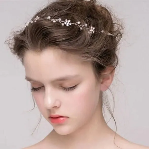 Delicate Floral Blossom Pearl Hair Vine, Boho Wedding Flower Bridal Headband, Pearl Head Wreath for Bride