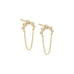 Diamond Bezel Curved Bar Chain Stud Earring 14K