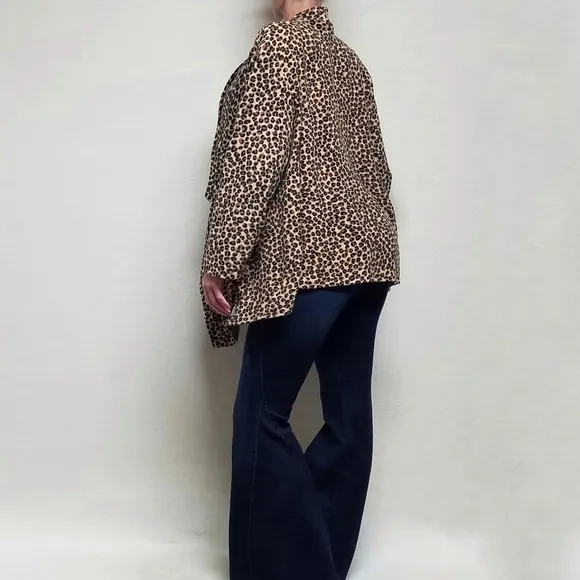 DKNY Brown Leopard Print Sherpa Open Front Draped Waterfall Cardigan Large