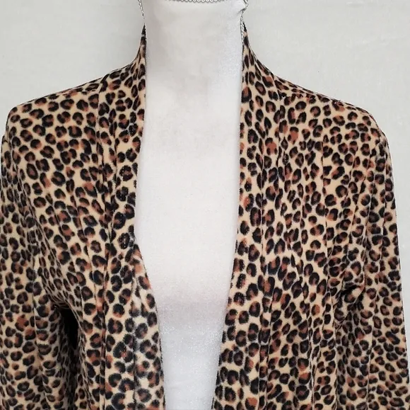 DKNY Brown Leopard Print Sherpa Open Front Draped Waterfall Cardigan Large