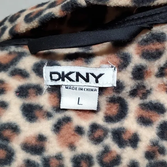 DKNY Brown Leopard Print Sherpa Open Front Draped Waterfall Cardigan Large
