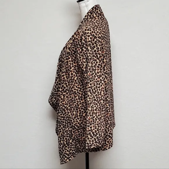 DKNY Brown Leopard Print Sherpa Open Front Draped Waterfall Cardigan Large