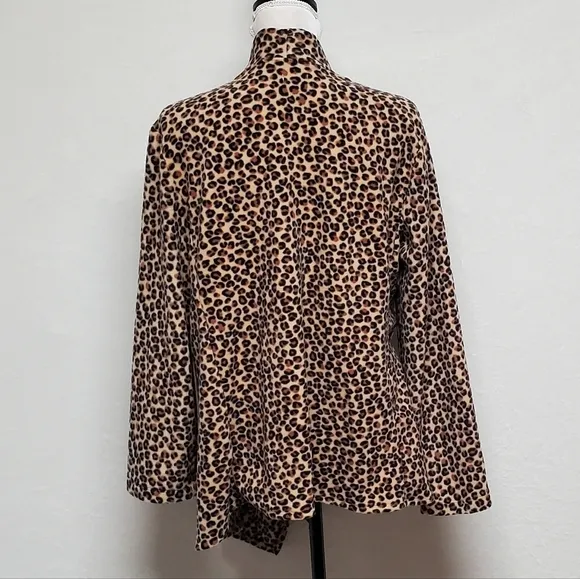 DKNY Brown Leopard Print Sherpa Open Front Draped Waterfall Cardigan Large