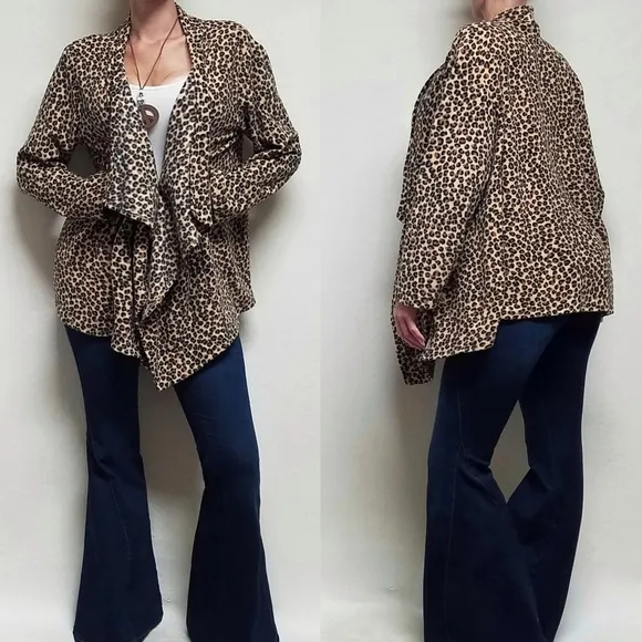 DKNY Brown Leopard Print Sherpa Open Front Draped Waterfall Cardigan Large