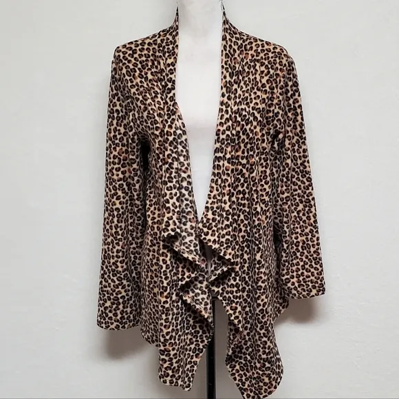 DKNY Brown Leopard Print Sherpa Open Front Draped Waterfall Cardigan Large