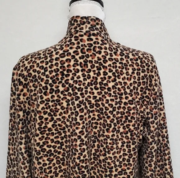 DKNY Brown Leopard Print Sherpa Open Front Draped Waterfall Cardigan Large