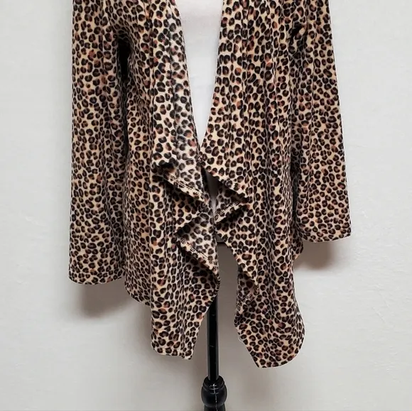 DKNY Brown Leopard Print Sherpa Open Front Draped Waterfall Cardigan Large