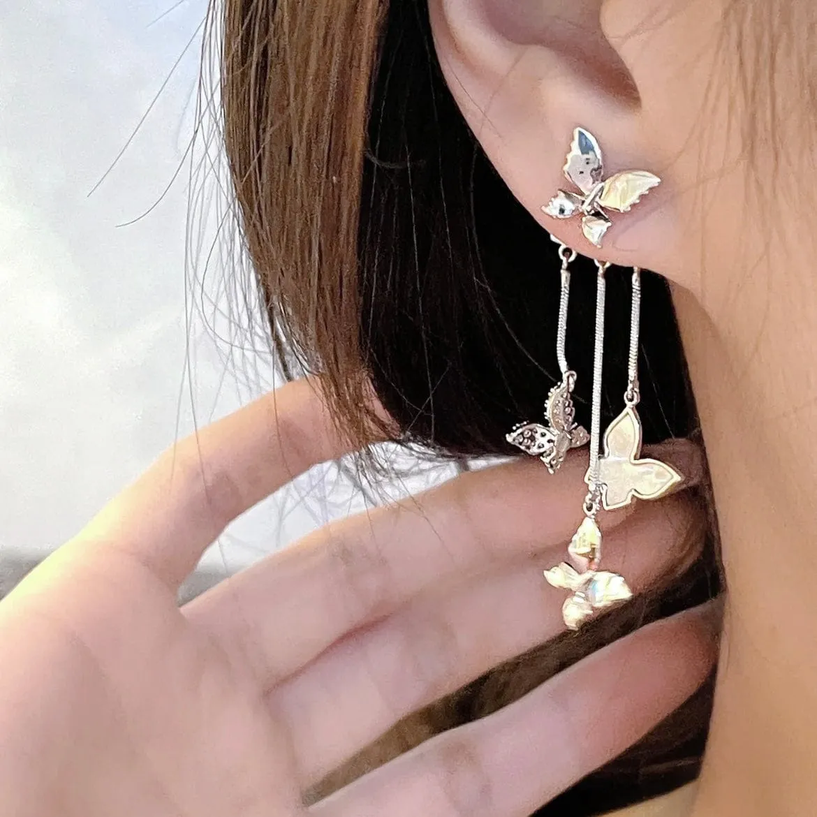 Elegant CZ Inlaid Enamel Butterfly Tassel Earrings