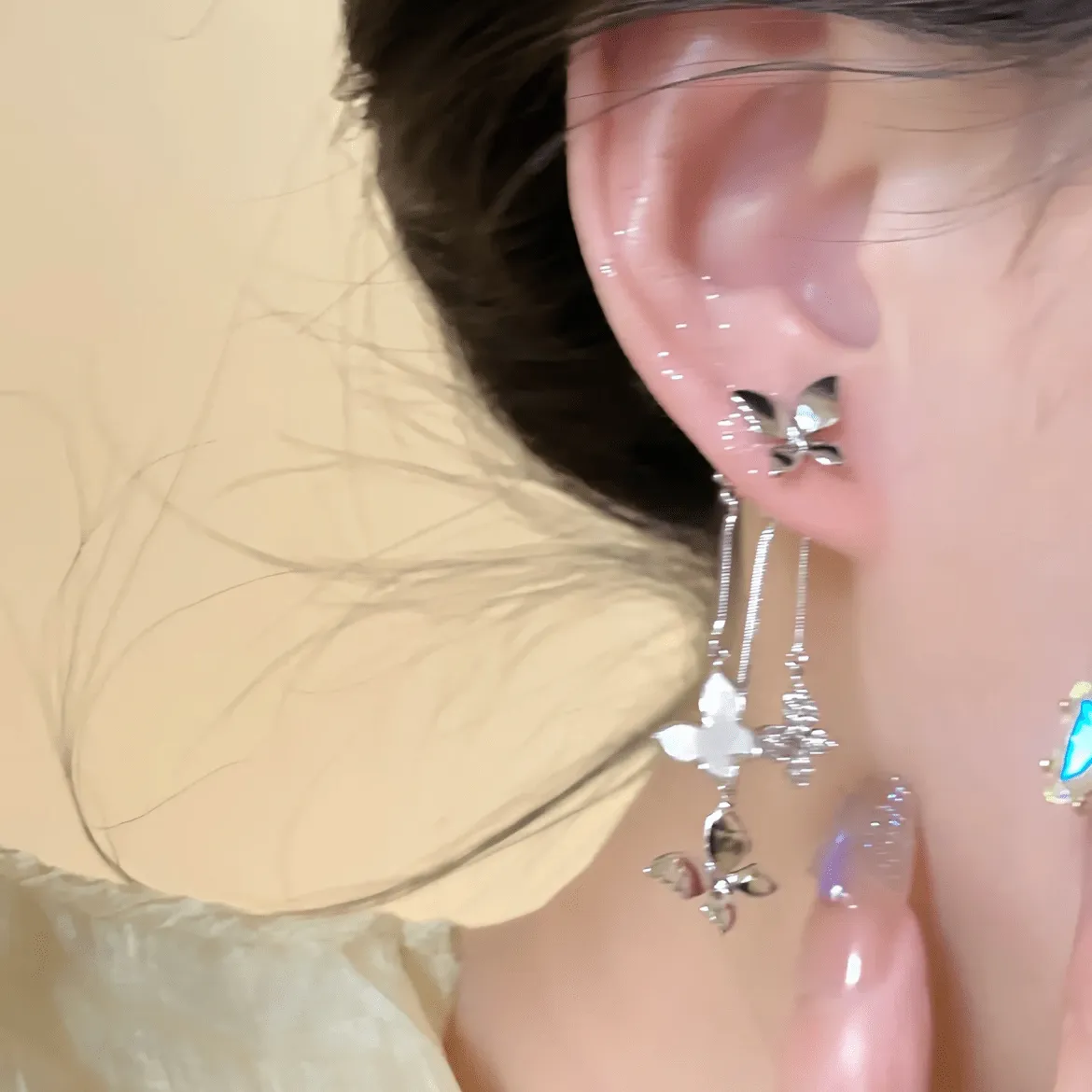 Elegant CZ Inlaid Enamel Butterfly Tassel Earrings