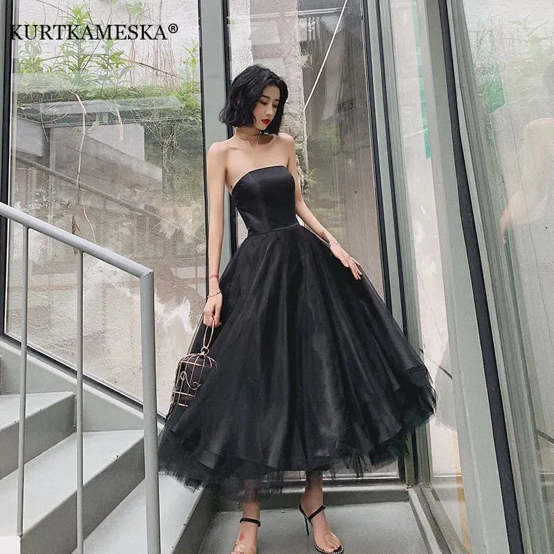Elegant Strapless Black Tulle Midi Dress Prom Gown