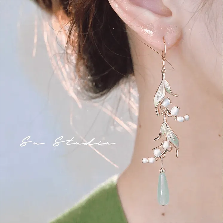 Enamel Lily Of The Valley Dangle Jade Earrings