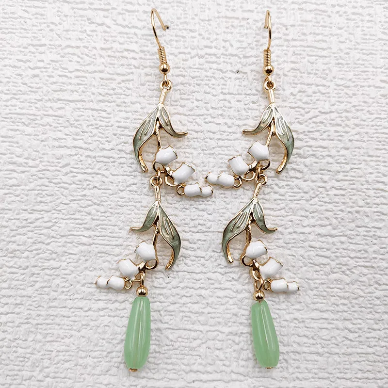 Enamel Lily Of The Valley Dangle Jade Earrings
