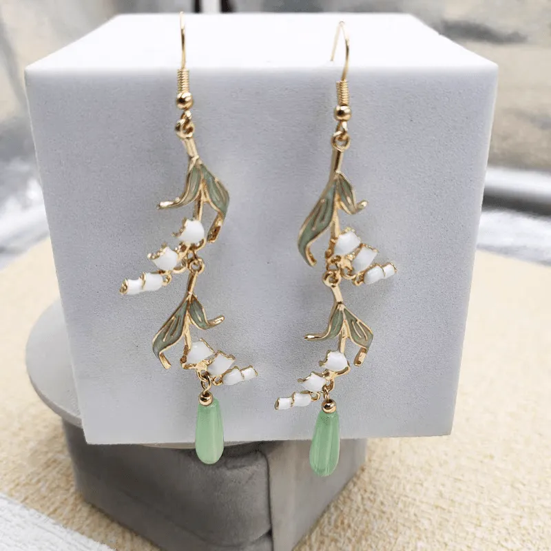 Enamel Lily Of The Valley Dangle Jade Earrings