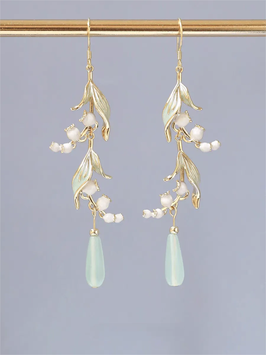Enamel Lily Of The Valley Dangle Jade Earrings