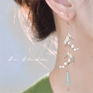 Enamel Lily Of The Valley Dangle Jade Earrings