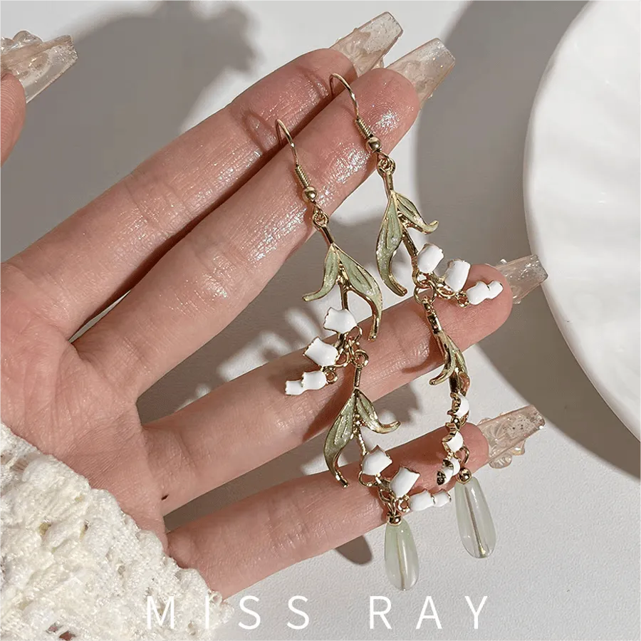 Enamel Lily Of The Valley Dangle Jade Earrings