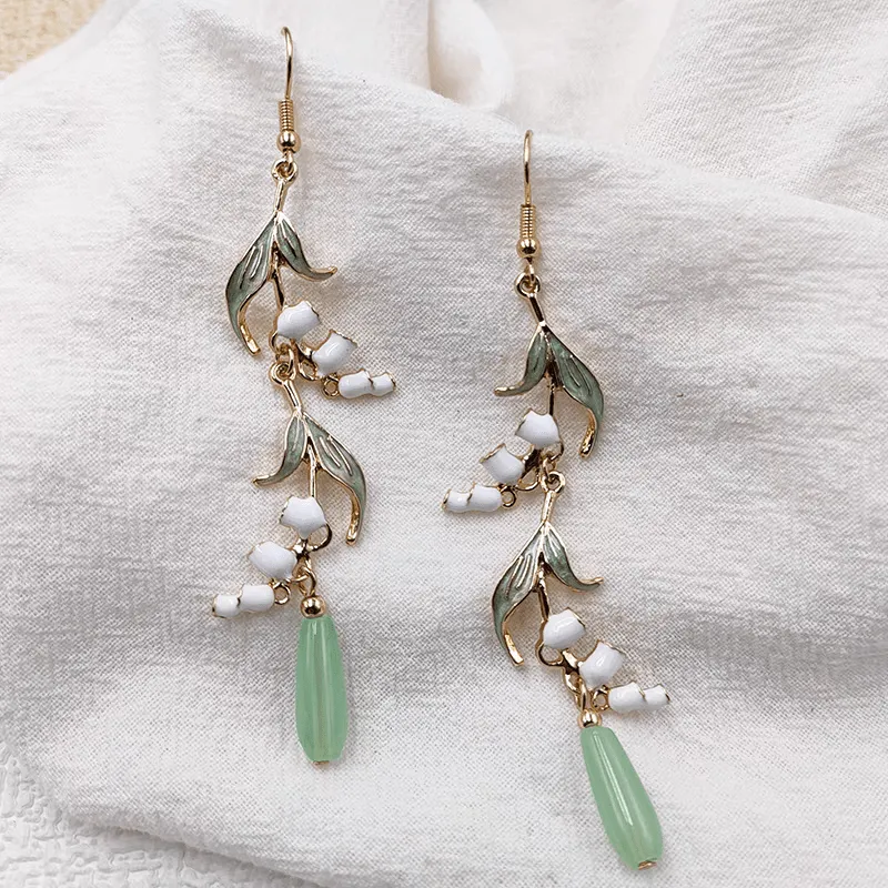 Enamel Lily Of The Valley Dangle Jade Earrings