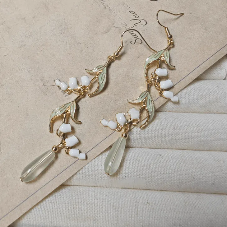 Enamel Lily Of The Valley Dangle Jade Earrings