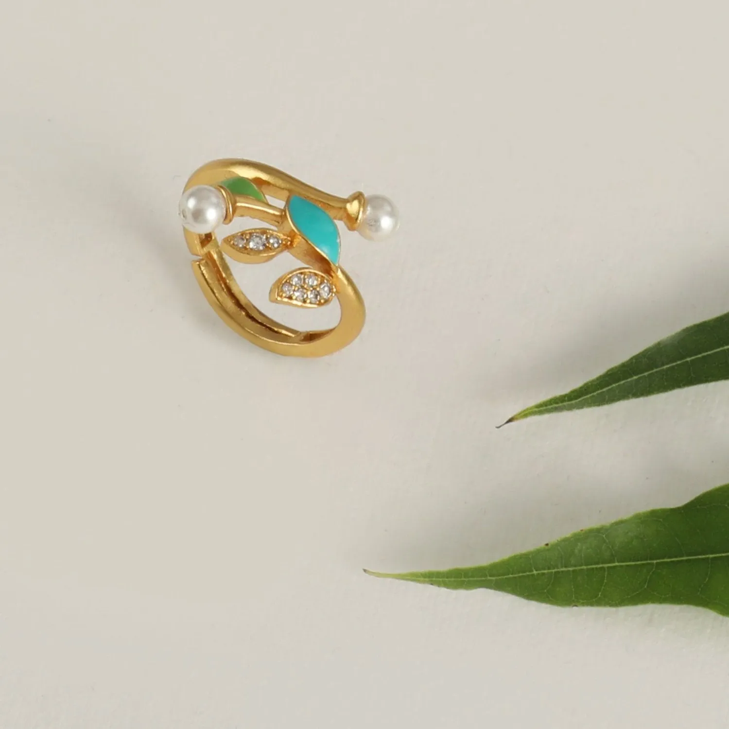 Eriha Pearl Nakshtra CZ Green Leaf Finger Ring