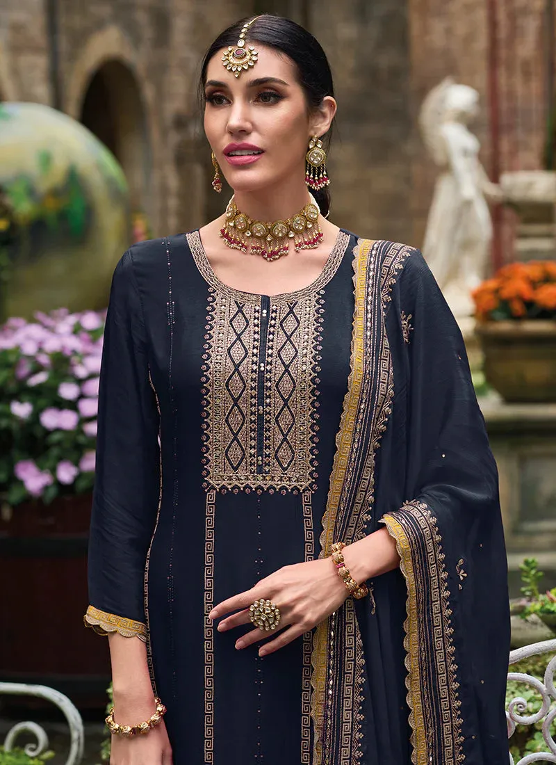 Flare and Flow Blue Embroidered Palazzo Suit