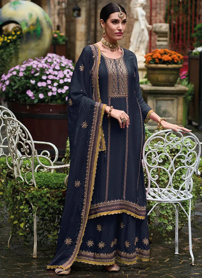 Flare and Flow Blue Embroidered Palazzo Suit