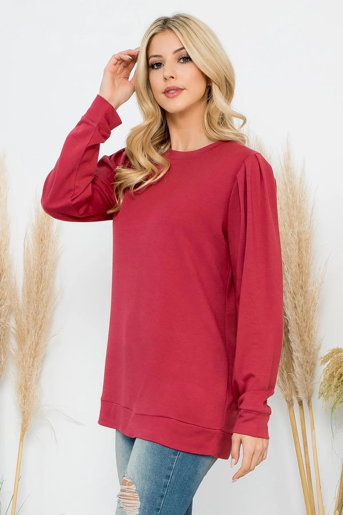 French Terry Pleated Sleeve Top