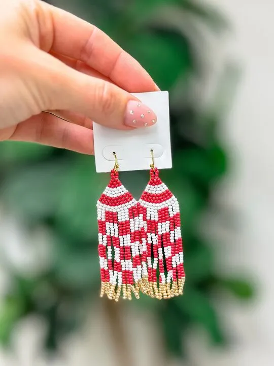 Game Day Seed Bead Fringe Dangle Earrings - Red & White