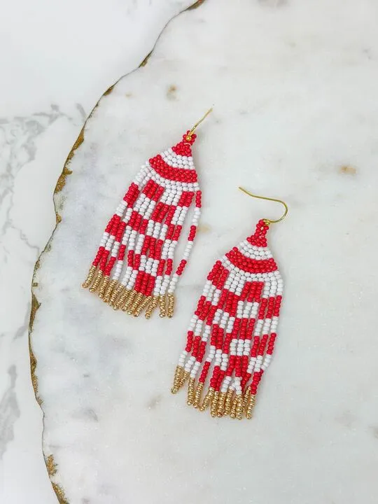 Game Day Seed Bead Fringe Dangle Earrings - Red & White