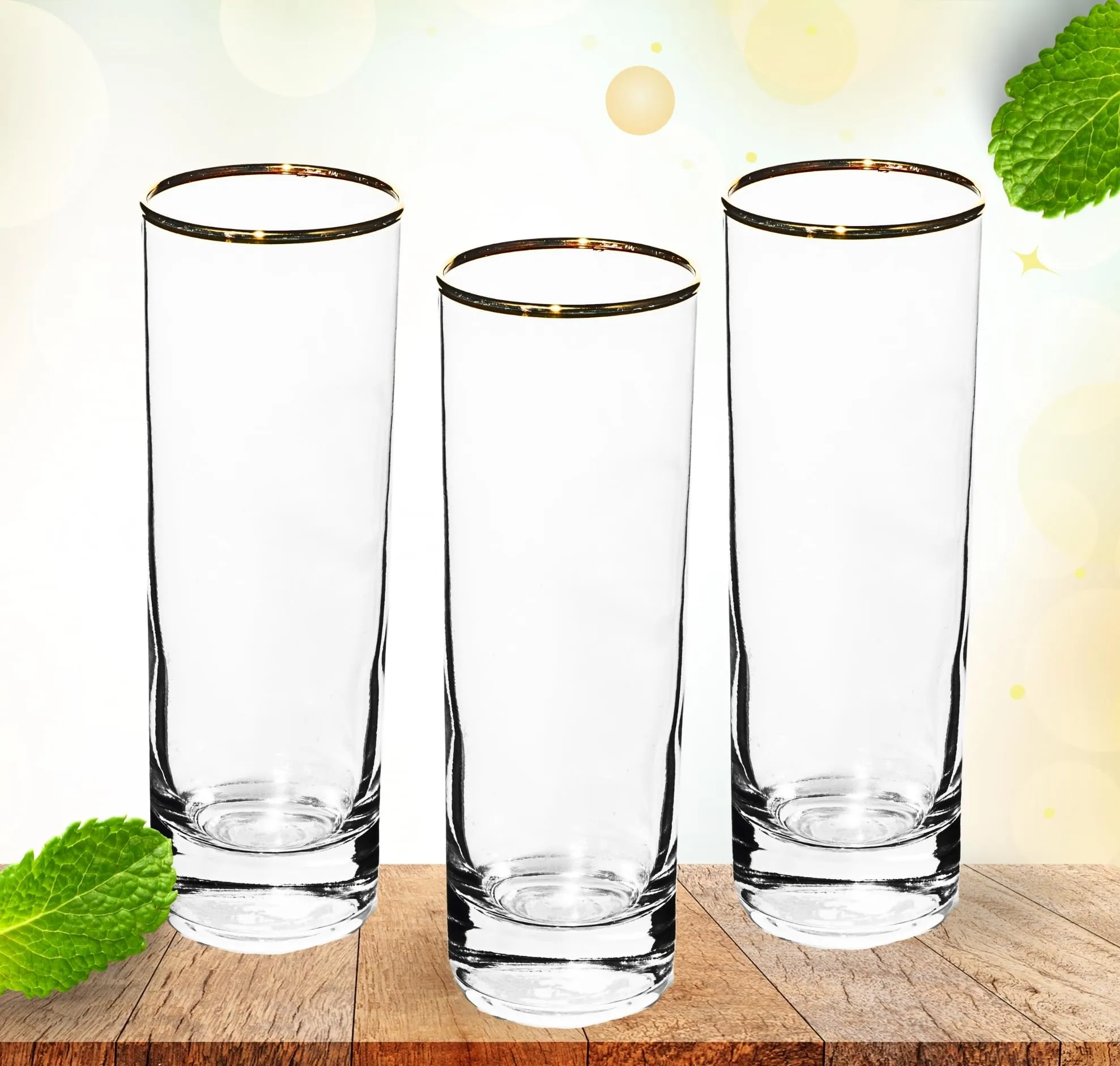 GIFTS PLAZA Highball Glasses Set of 4 ? 10 Ounce Tall Drinking Glassware with Gold Rim ? Crystal Clear Drinkware for Juice, Milk, Water ? Casual Stemless Glass for Bar, Home and Kitchen (4)