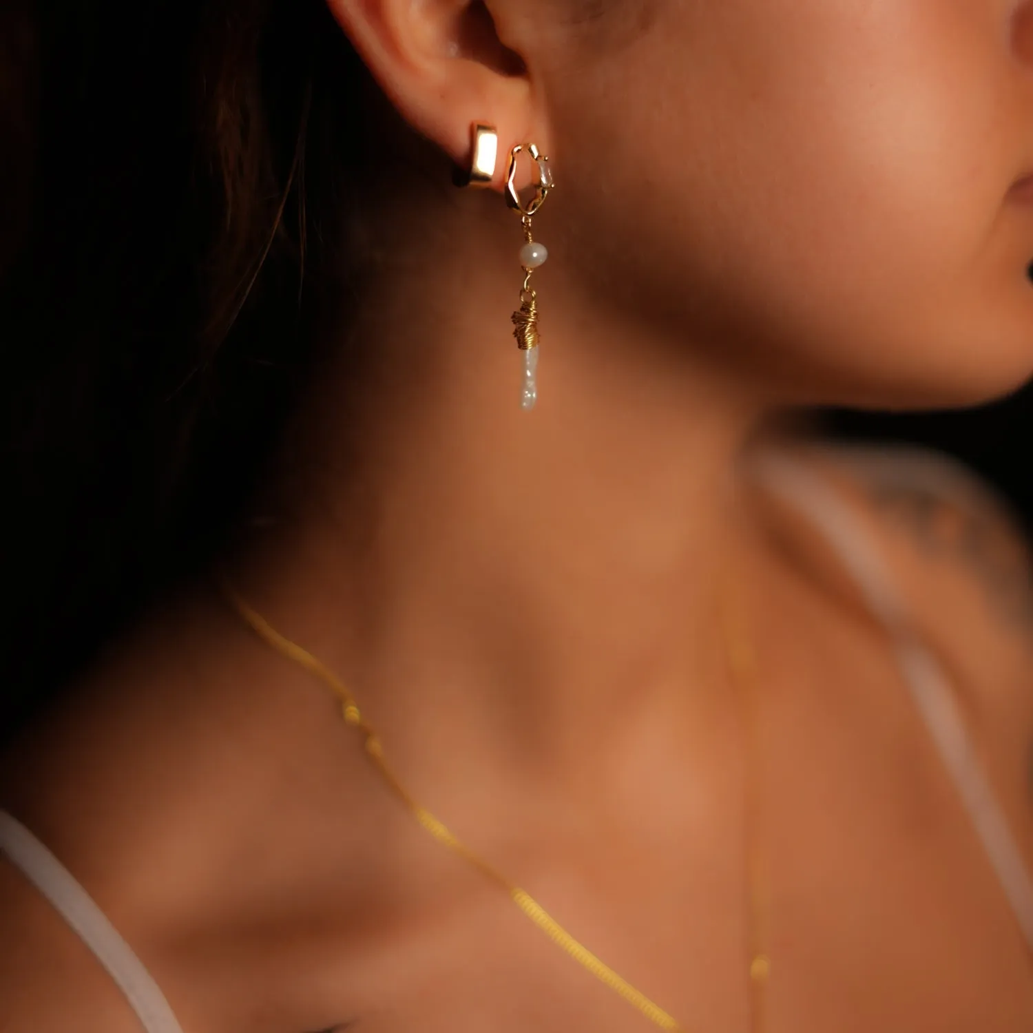 Gold & Diamond Stud Pearl Drop Statement Earrings