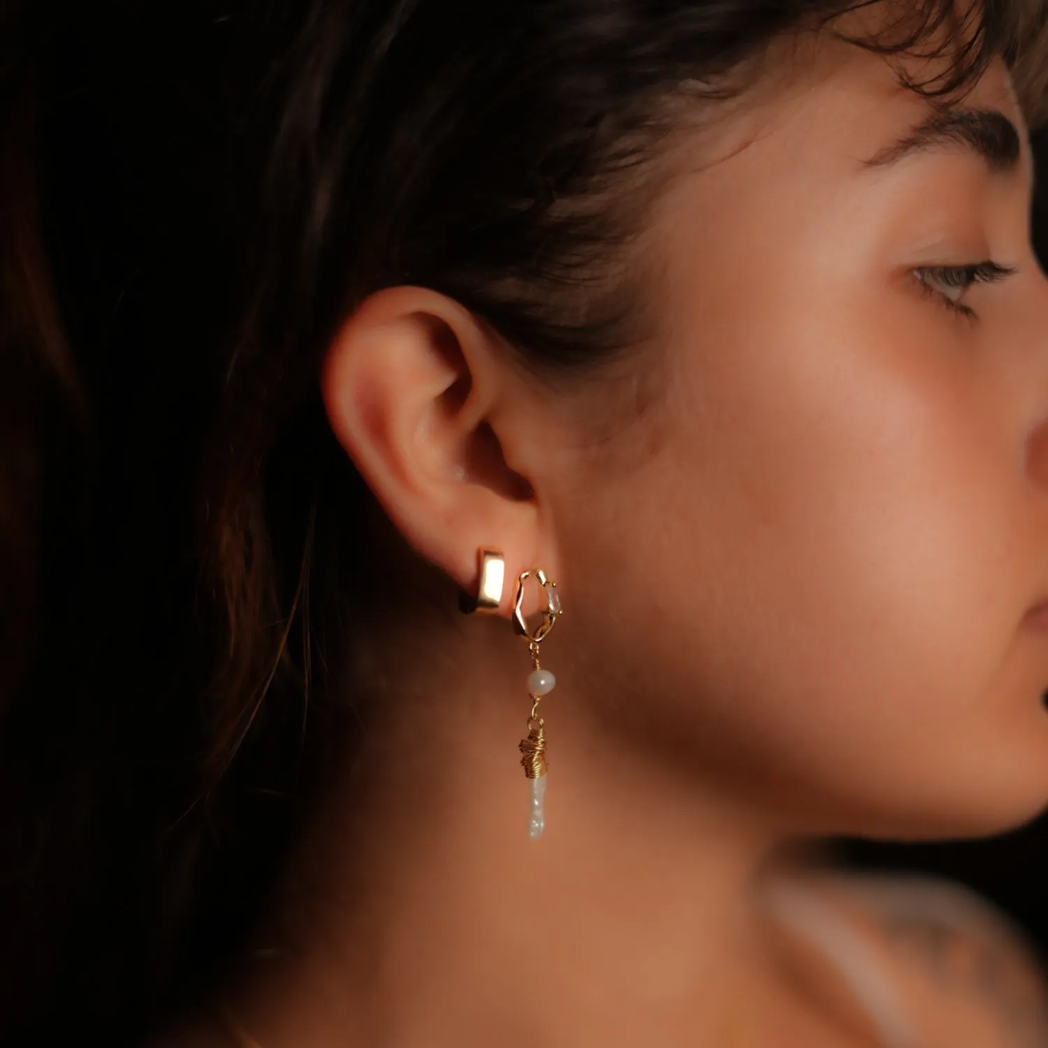 Gold & Diamond Stud Pearl Drop Statement Earrings