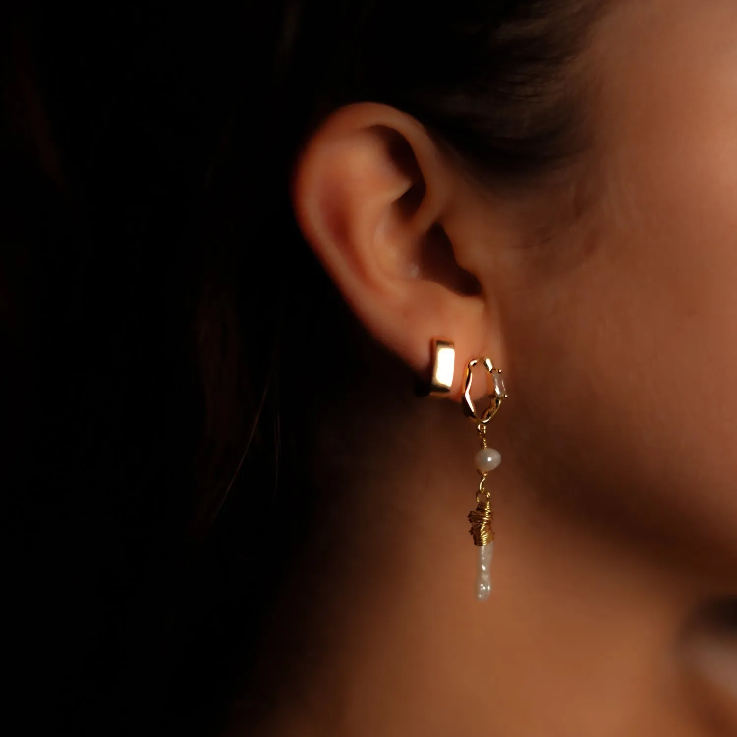 Gold & Diamond Stud Pearl Drop Statement Earrings