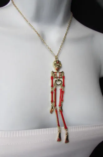 Gold Metal Chains Red Skeleton Body Pendant 13" Long Necklace Halloween Style