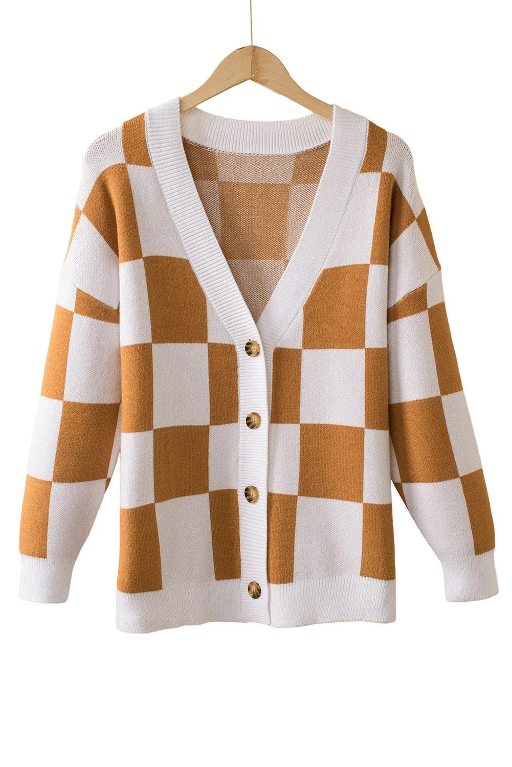Gray Contrast Checkered Print Button Up Sweater Cardigan