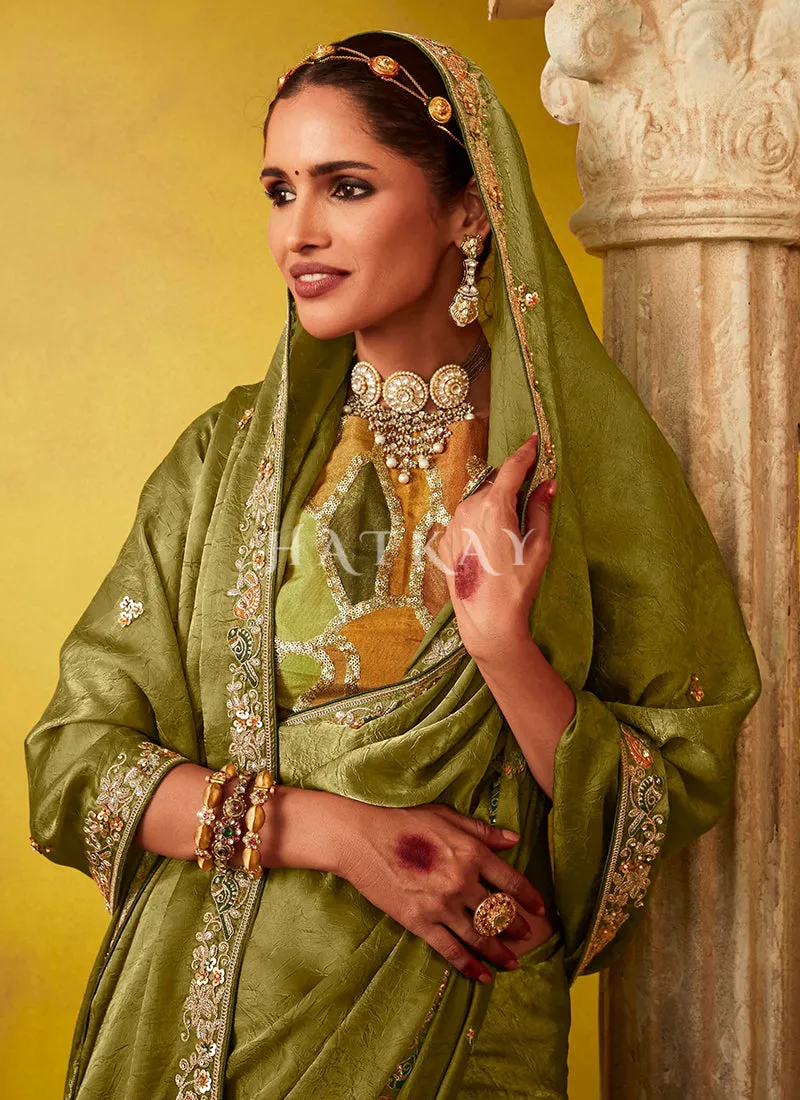 Green And Mustard Multi Embroidery Silk Saree