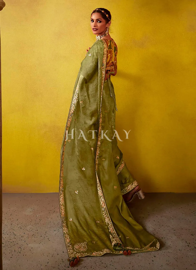 Green And Mustard Multi Embroidery Silk Saree