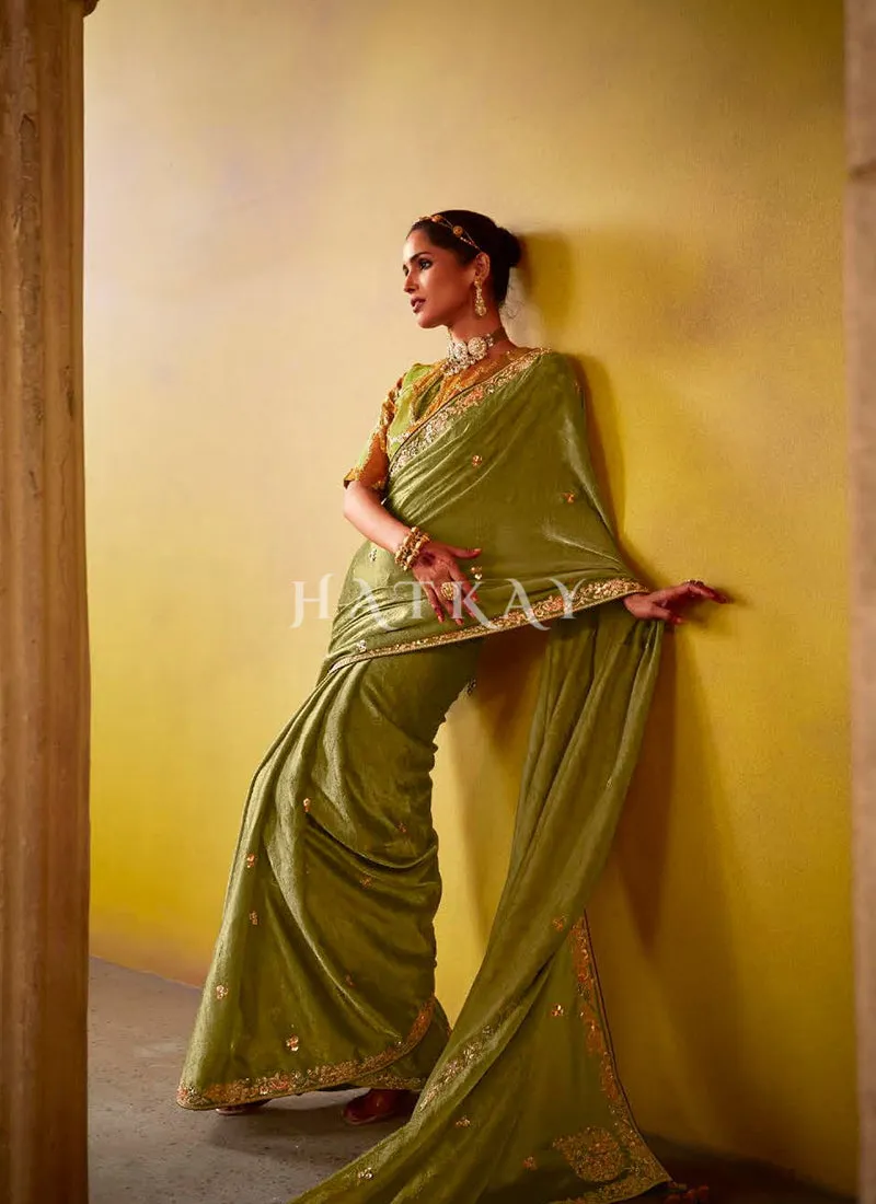 Green And Mustard Multi Embroidery Silk Saree