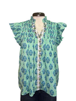 Green Floral Ruffle Top
