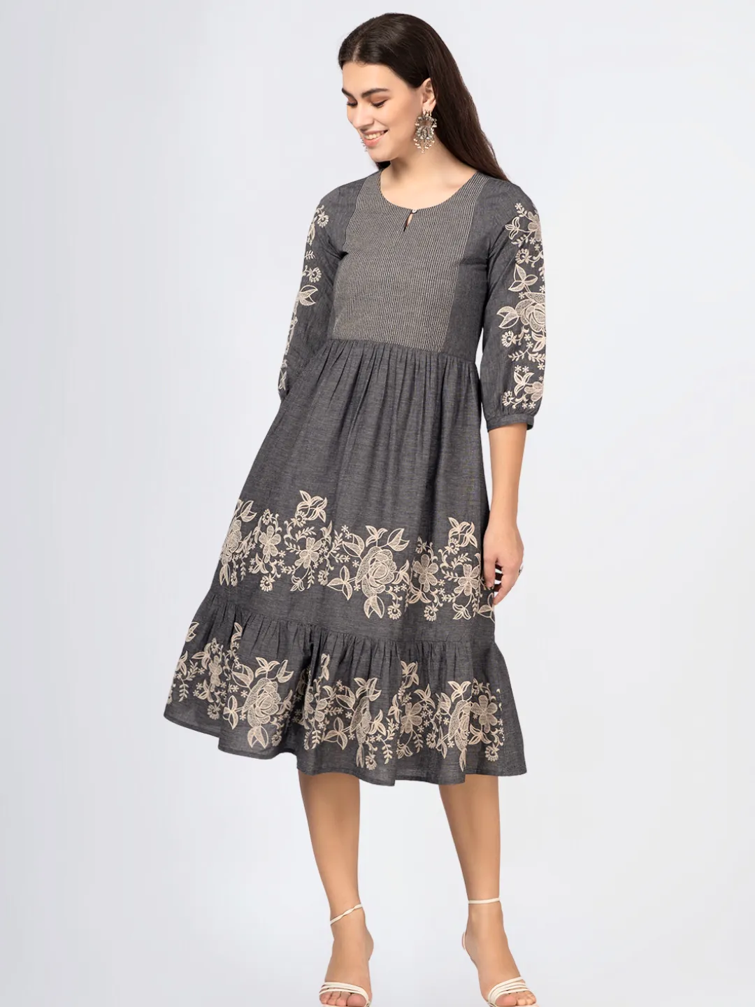 Grey Cotton Tiered Embroidered Dress