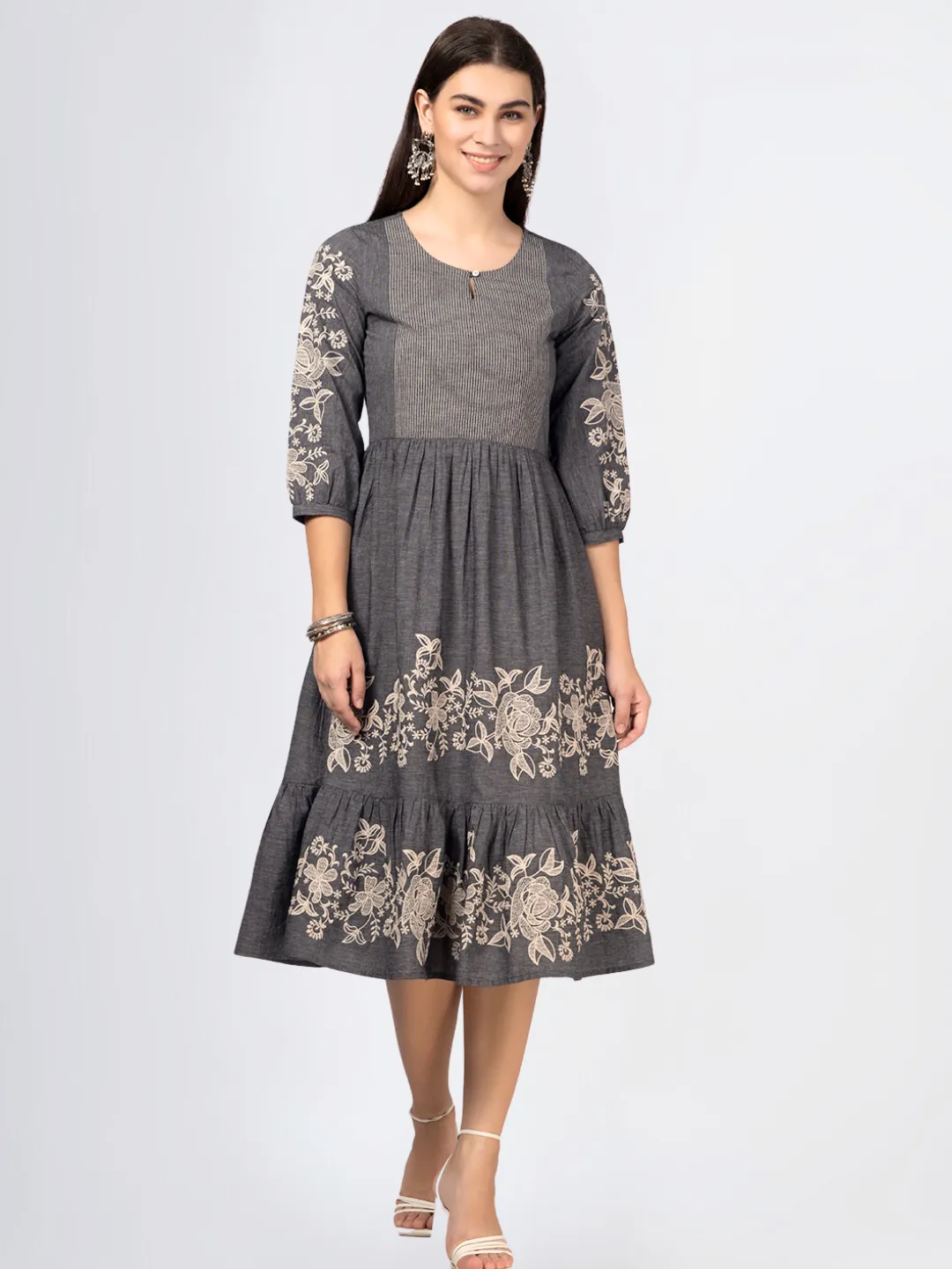 Grey Cotton Tiered Embroidered Dress