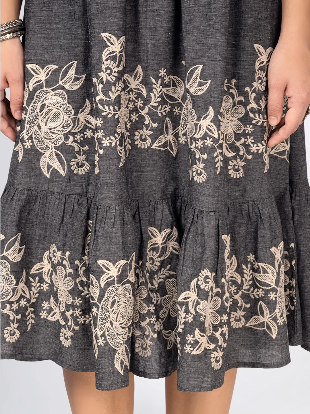 Grey Cotton Tiered Embroidered Dress