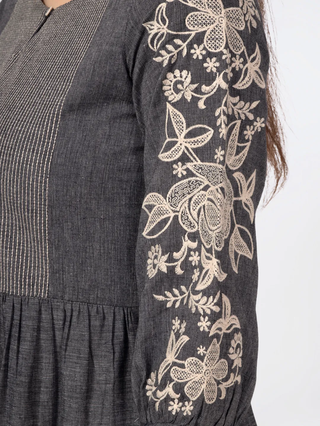 Grey Cotton Tiered Embroidered Dress