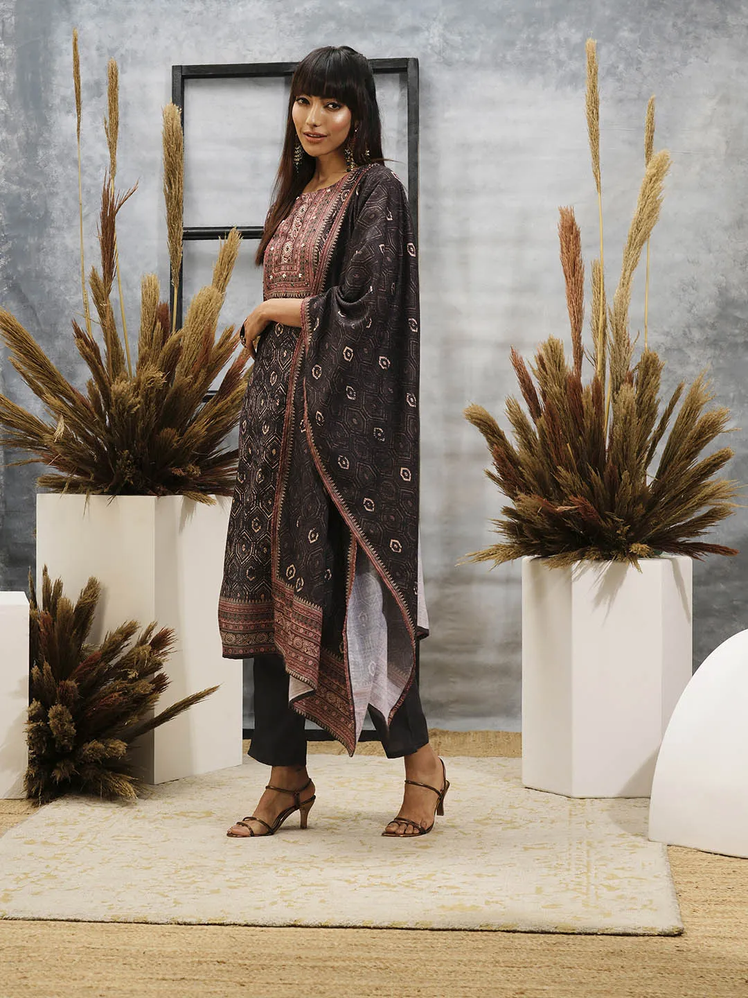 Grey Kurta Set- Women Chanderi Silk Comfort Kurta Set with Dupatta - Zola