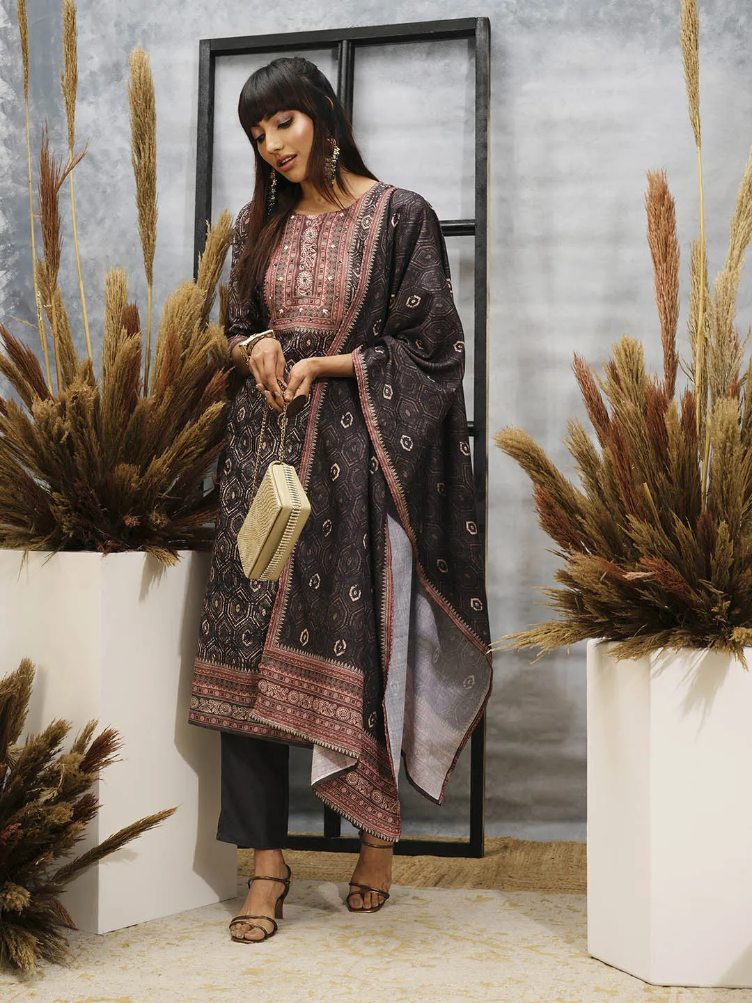 Grey Kurta Set- Women Chanderi Silk Comfort Kurta Set with Dupatta - Zola