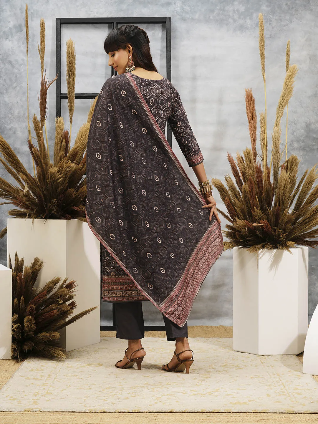 Grey Kurta Set- Women Chanderi Silk Comfort Kurta Set with Dupatta - Zola
