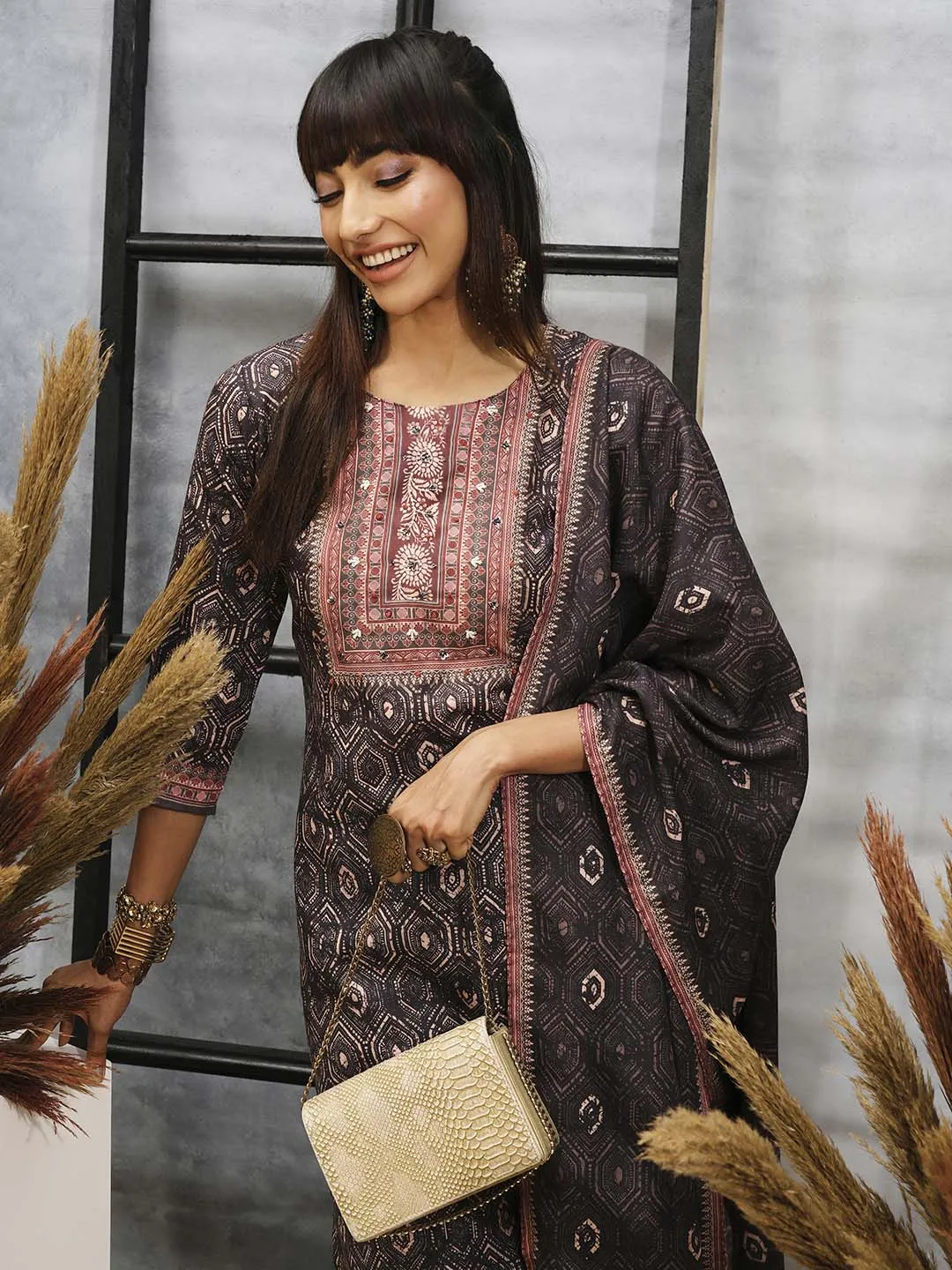 Grey Kurta Set- Women Chanderi Silk Comfort Kurta Set with Dupatta - Zola