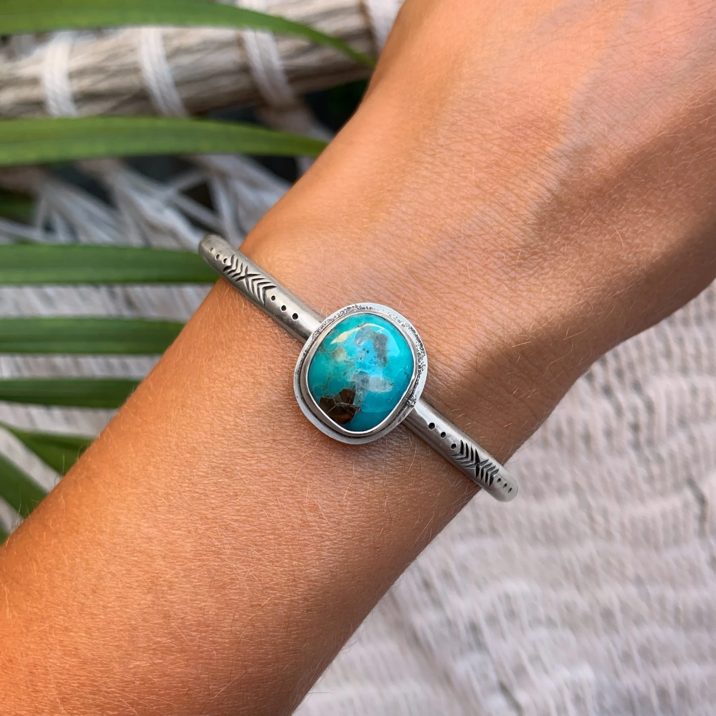 Hand-stamped Morenci turquoise cuff in silver
